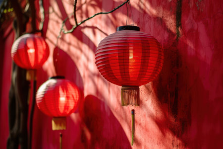 a group of red lanterns on a red wallの素材