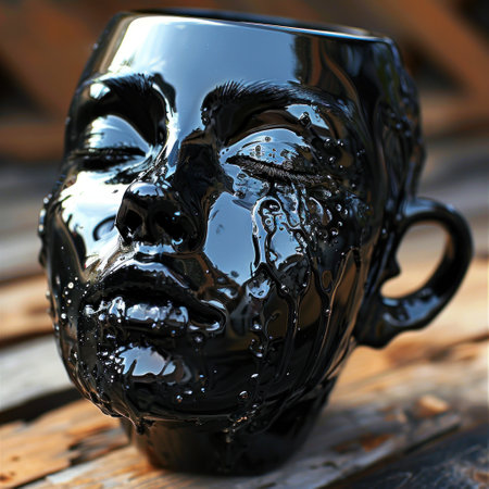 a black mug with a face made of liquidの素材