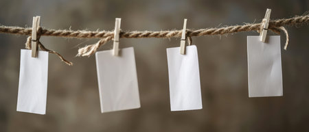 a two white cards on a ropeの素材