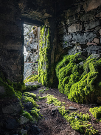 a doorway with moss growing on the side of a stone wallの素材
