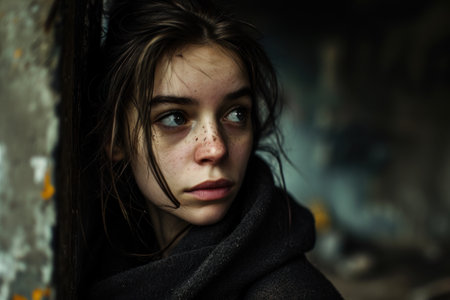 a woman looking away from the cameraの素材