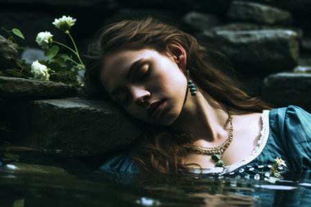 a woman lying in water with her eyes closedの素材