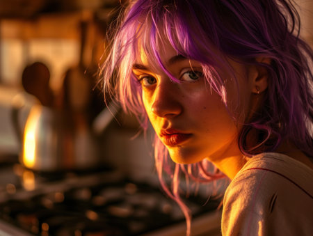 a woman with purple hairの素材