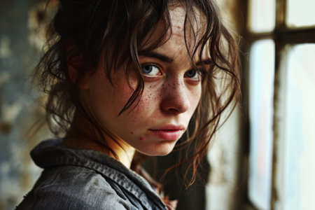 a woman looking at the cameraの素材