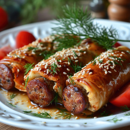 sausage rolls on a plateの素材