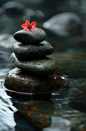 a stack of rocks with a flower on topの素材