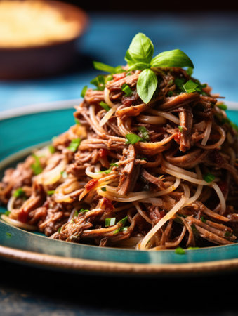 a plate of noodles with meat and vegetablesの素材