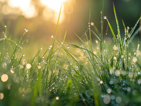 a close up of grass with water dropletsの素材