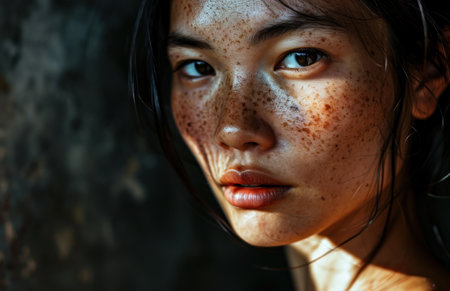 a woman with freckles looking at the cameraの素材