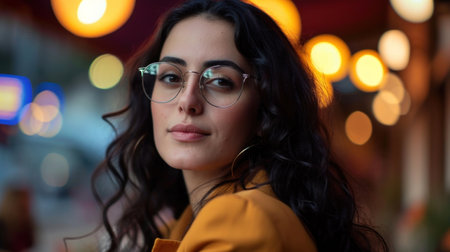 a woman with glasses and a yellow jacketの素材