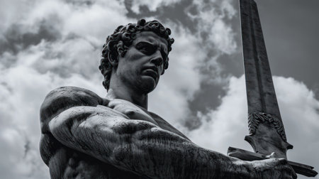 a statue of a man holding a swordの素材