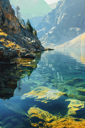 a body of water with rocks and treesの素材