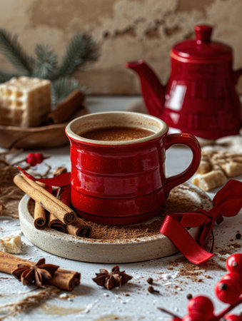 a red mug with a red bow and cinnamon sticks on a plateの素材