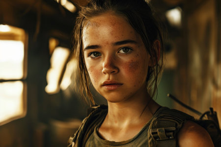 a girl with freckles looking at the cameraの素材