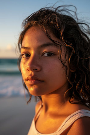 a woman with wet hair and freckles on a beachの素材