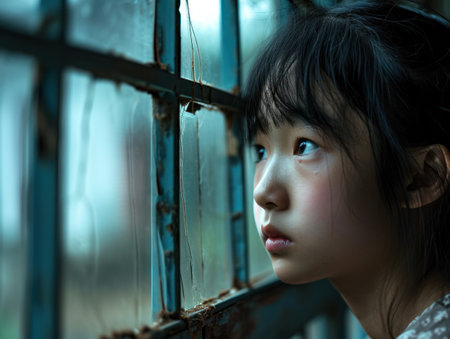 a girl looking out a windowの素材