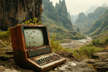 an old computer with a keyboard and a mountain landscapeの素材
