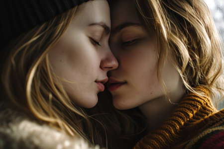 two women with their heads close togetherの素材