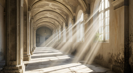 a hallway with arched windows and sunlight shining through the windowsの素材