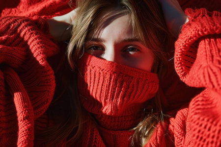 a woman wearing a red sweater and a turtleneckの素材