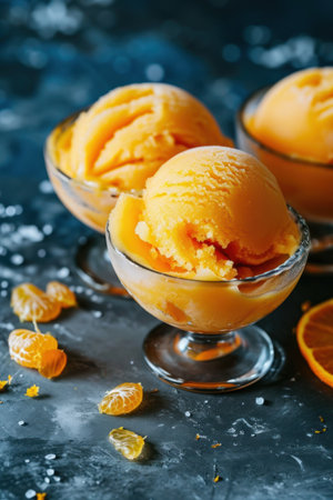 a group of orange ice cream in a glass bowlの素材