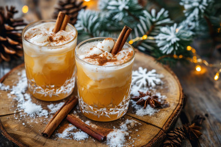 two glasses of drink on a wood surfaceの素材