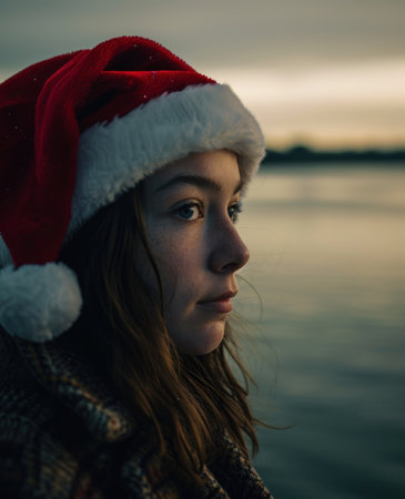 a woman wearing a santa hatの素材