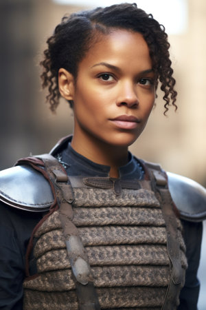 a woman in armor looking at the cameraの素材