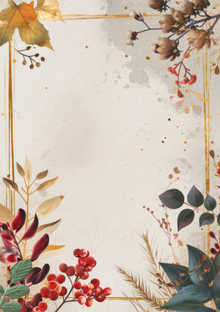 a rectangular frame with leaves and berriesの素材