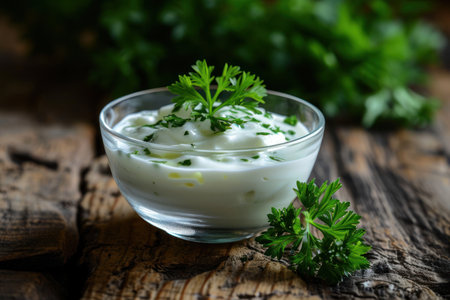 a bowl of white sauce with green leavesの素材
