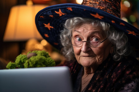 an old woman wearing a person hat and looking at a laptopの素材