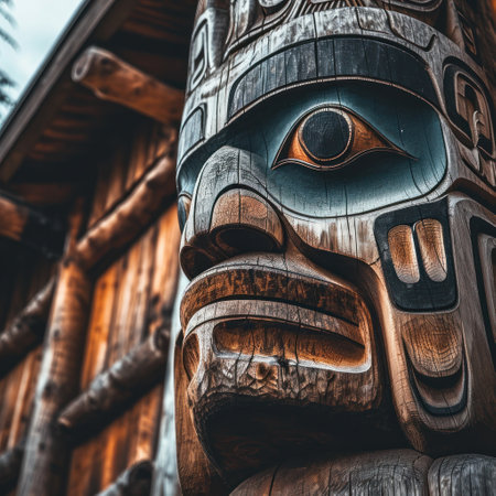 a totem pole with a face carved into itの素材