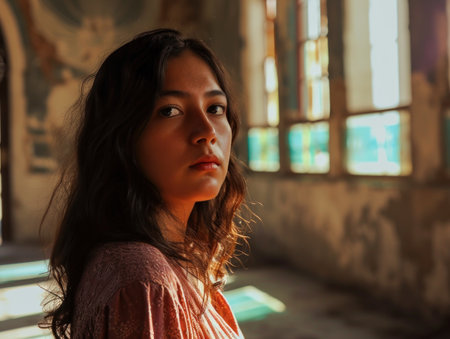 a woman looking at the cameraの素材