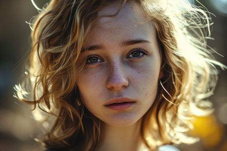 a woman with freckles and blonde hairの素材