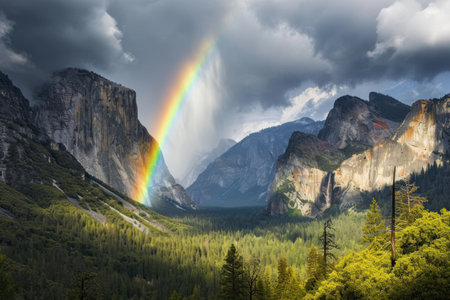 a rainbow over a valley with mountains and treesの素材