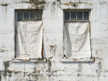 two windows with white sheets on themの素材