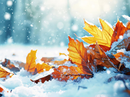 a group of leaves in the snowの素材