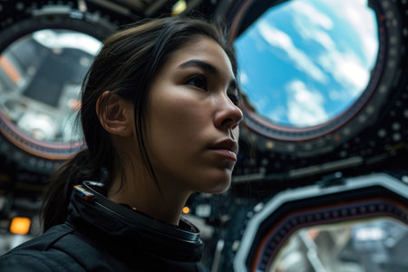 a woman looking out of a windowの素材