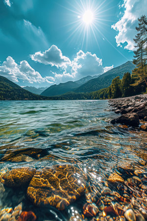 a lake with rocks and trees in the backgroundの素材