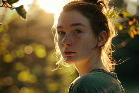 a woman with freckles and hair in a bunの素材