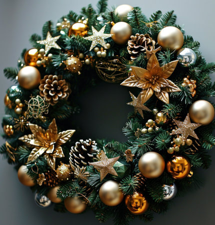 a wreath with gold ornaments and starsの素材