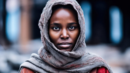 a woman with a scarf around her headの素材