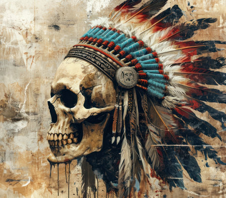 a skull with feathers on headの素材