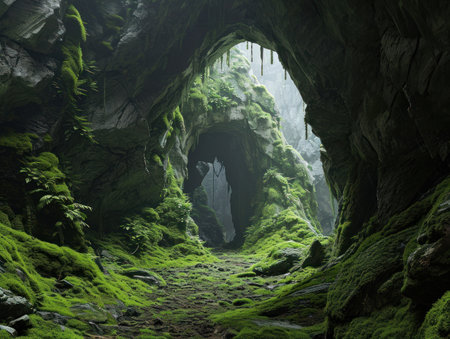 a cave with moss and rocksの素材