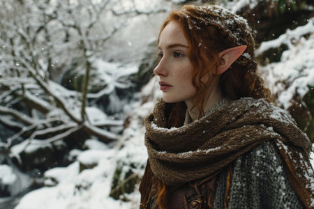 a woman with elf ears and scarf in snowの素材