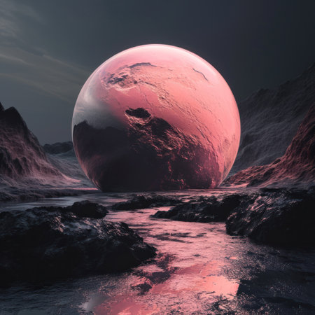 a pink planet in a rocky landscapeの素材