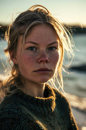a woman with freckles looking at the cameraの素材