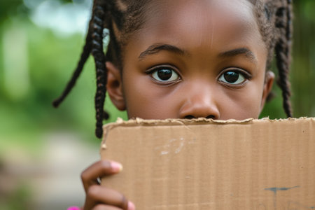 a girl holding a cardboard signの素材