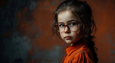 a girl wearing glasses and looking at the cameraの素材