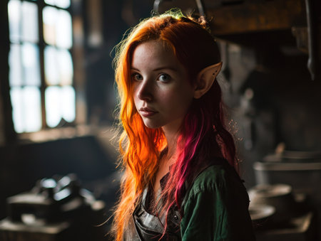 a woman with red hair and elf earsの素材